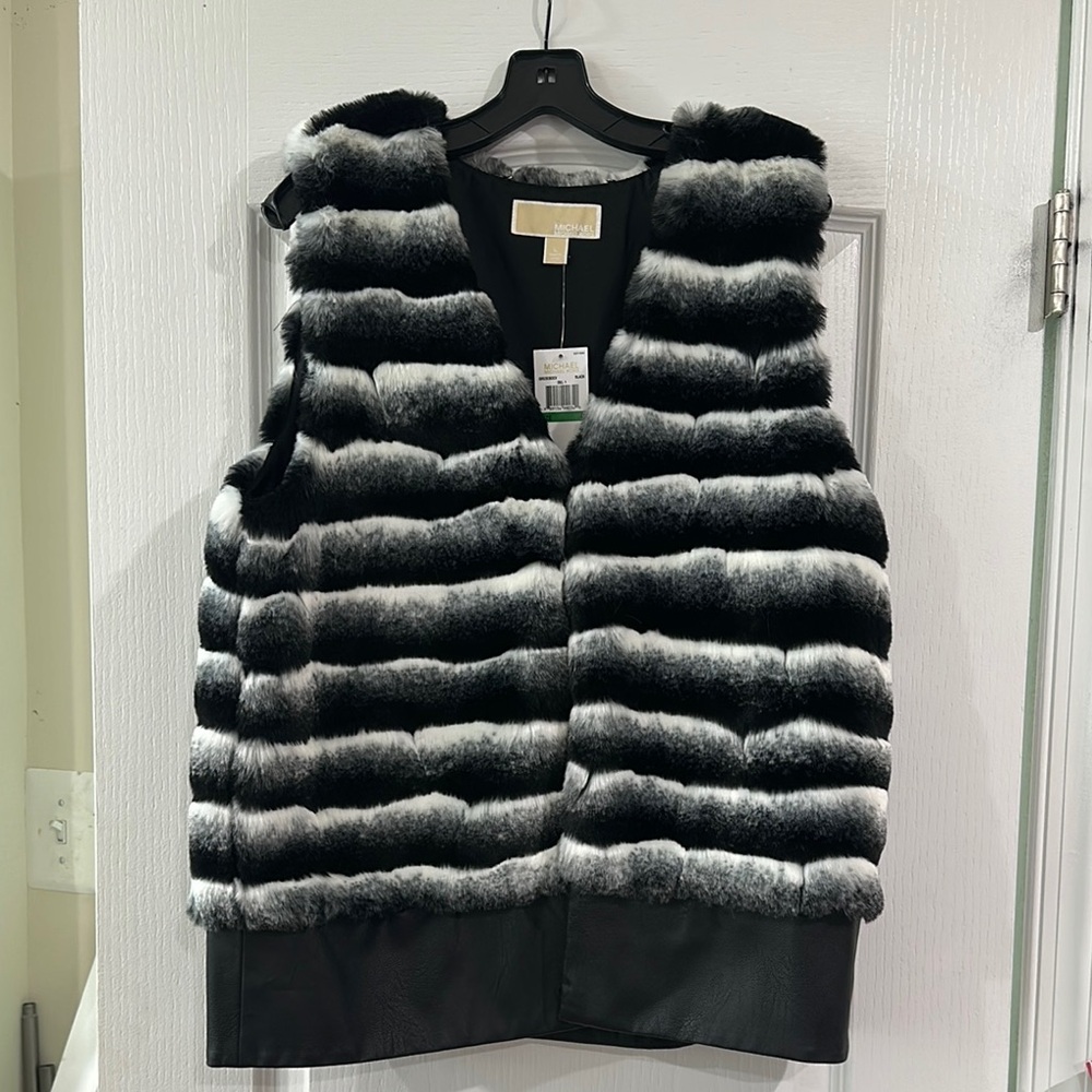 Michael Kors Black and White Striped Fur Vest